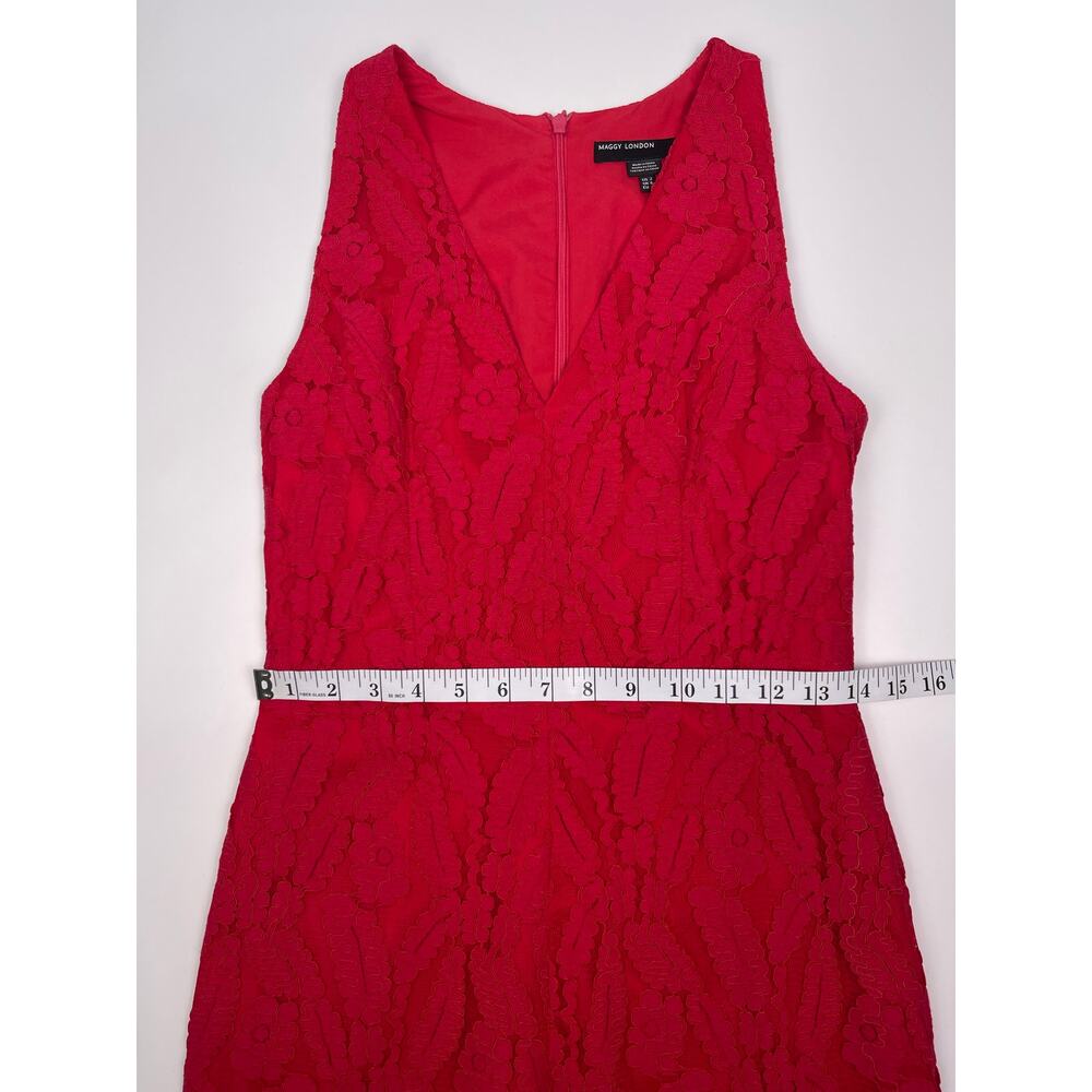 Maggy London Red Lace Sleeveless V Neck Cocktail Dress Size 2 Midi - Picture 8 of 11